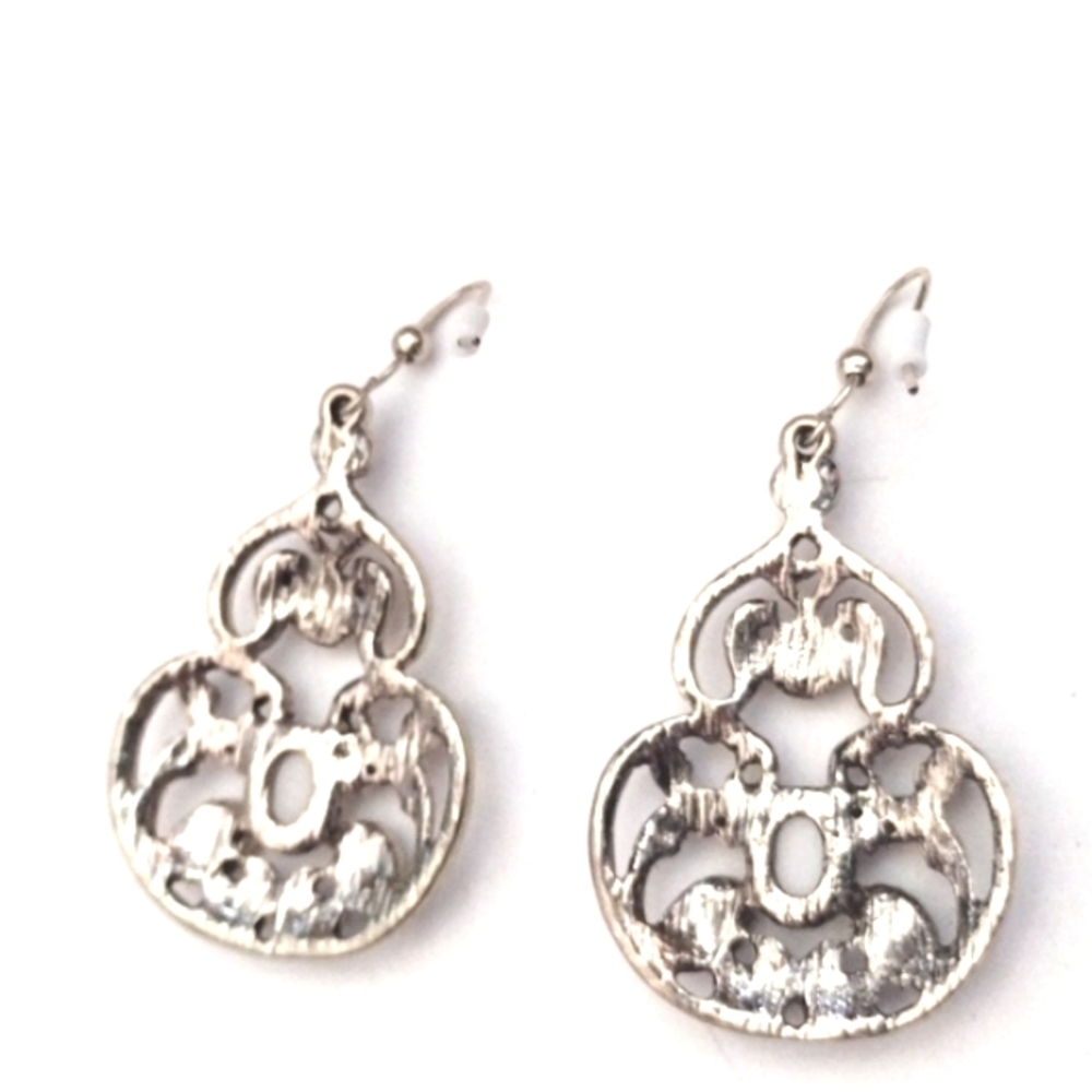 ROSEBUD COLLECTION SILVER CREAM CABOCHON STONE & CRYSTAL HOOK 2" EARRINGS-NWT - Picture 5 of 9
